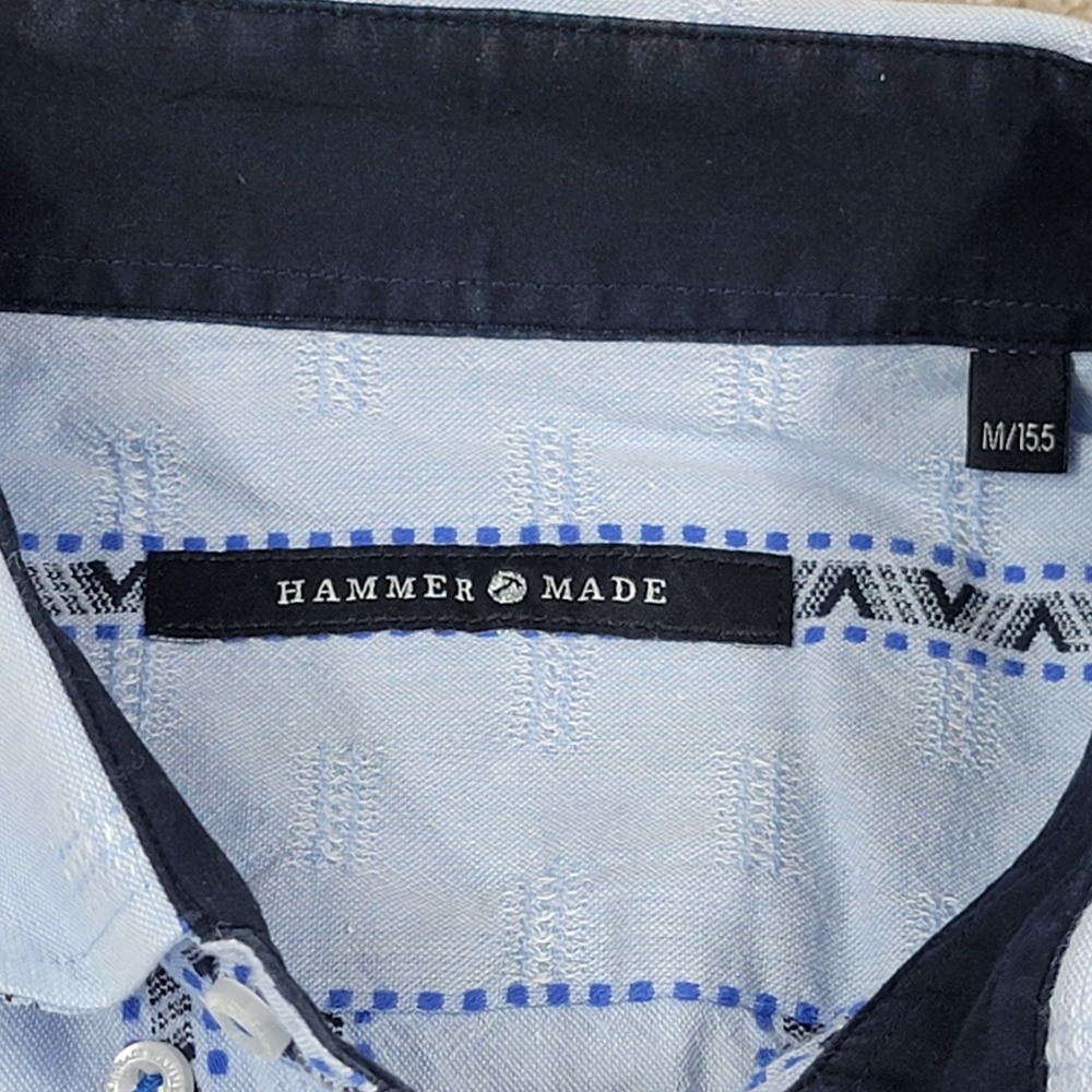 Hammer Made Mens Light Blue Geometric Stripe Button Down Shirt Sz Medium 15.5
